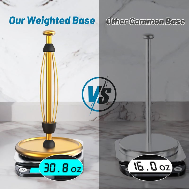 VEHHE Gold Paper Towel Holder Countertop with Weighted Base, One-Handed Tear Kitchen Towel Holder with Damping Function and EVA Non-Slip Pad for Bathroom - Image 3
